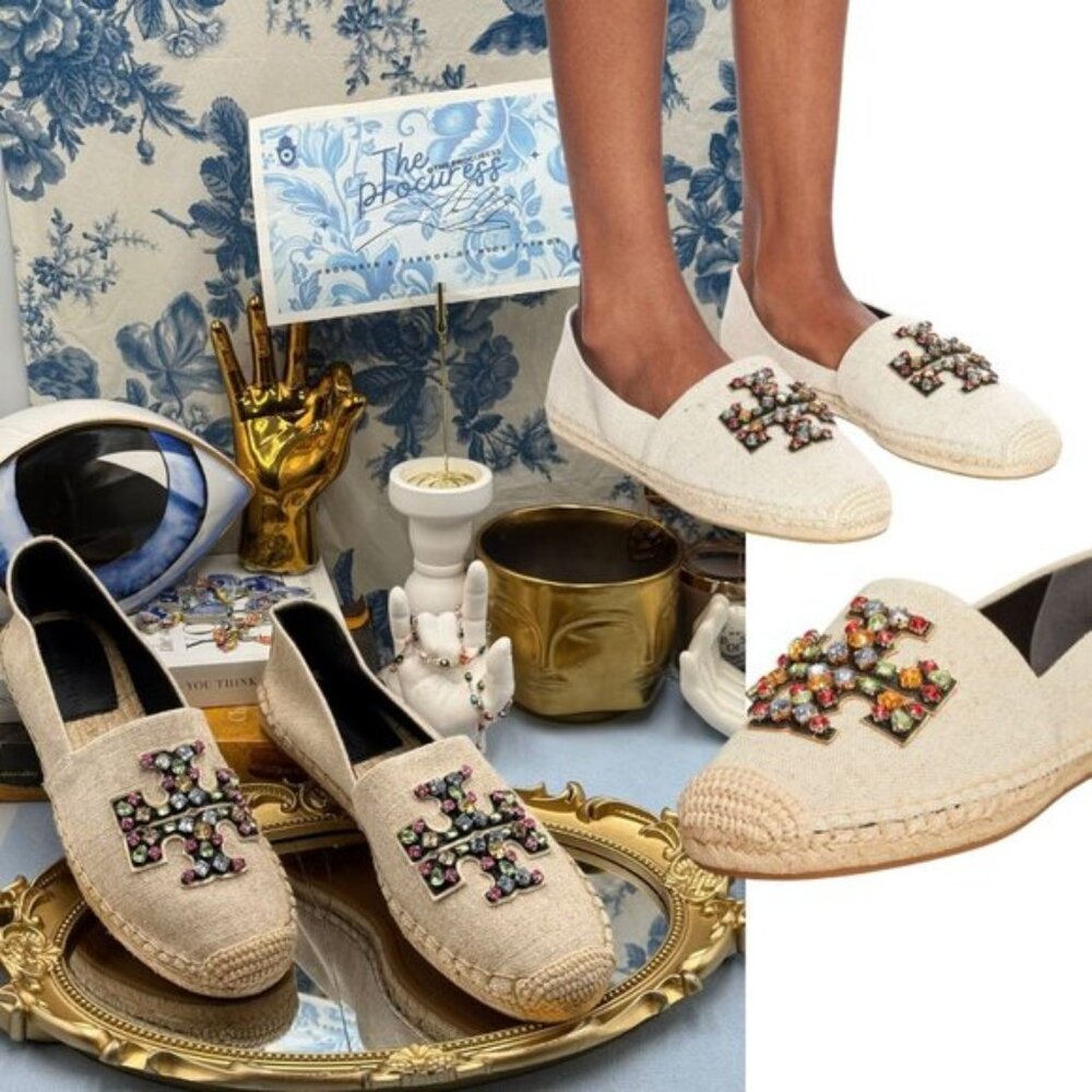 🆕 TORY BURCH 🧿 NWOB Ines Linen & Leather Bejewelled Espadrilles - Sz 8 M
